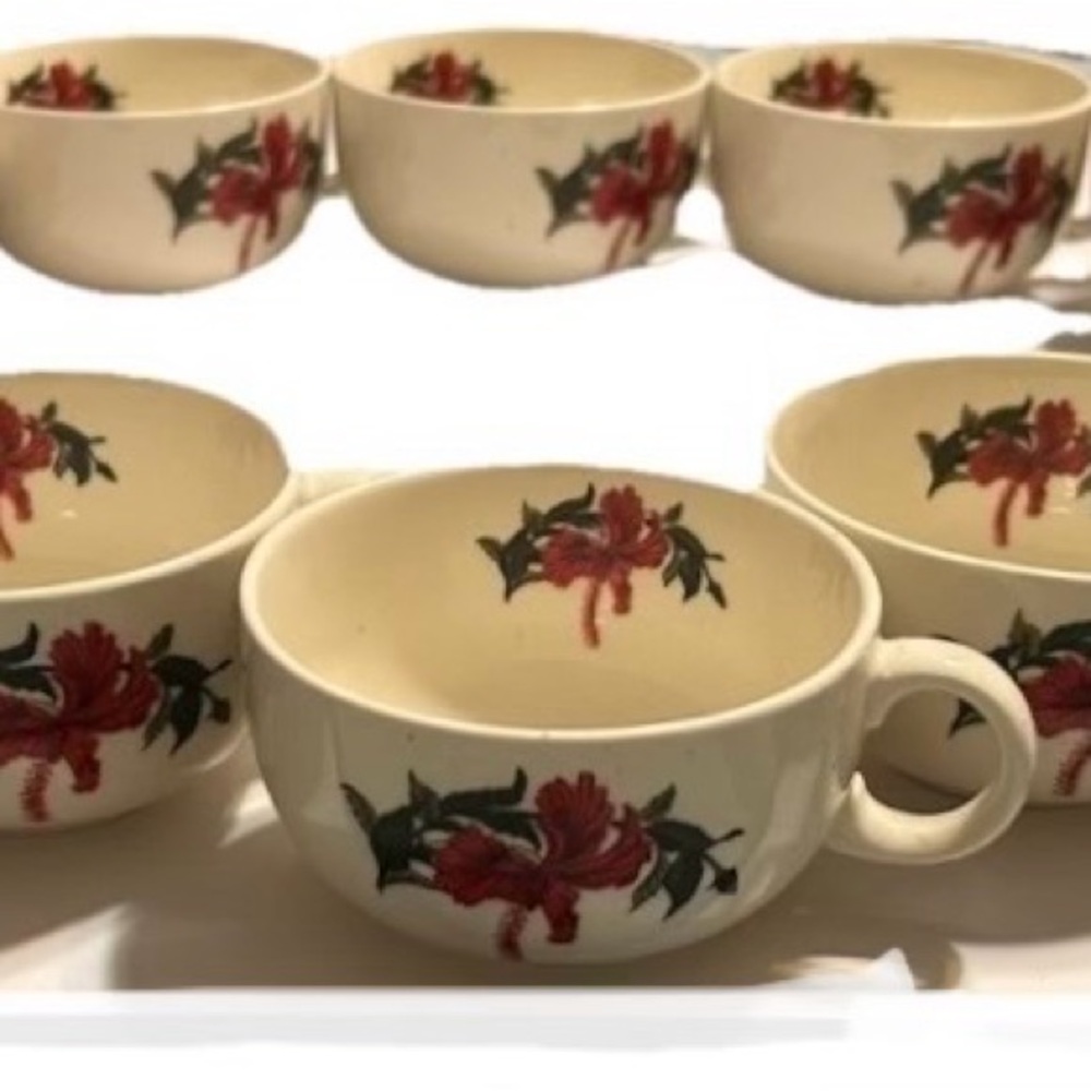 Vintage Crooksville Iva-Lure Red Hibiscus Flamingo Teacups Set of 10 MCM 1950s